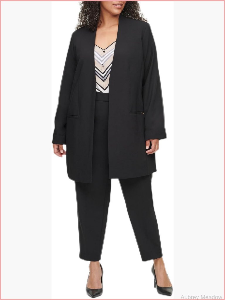 Open Front Suit Blazer 34in Length 3/4 Sleeve Band Collar